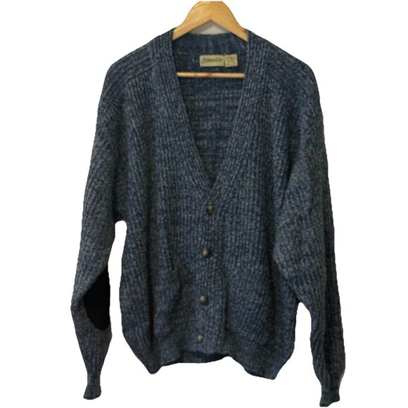 Vintage 80s 90s St. John’s Bay Blue Marled Cardigan Sweater XL Wool Elbow Patch - Picture 1 of 7